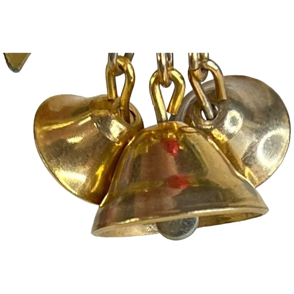 Christmas Brooch Holly Berry 3 Bells Gold‎ Tone Green Enamel Jewelry Pin Vintage
